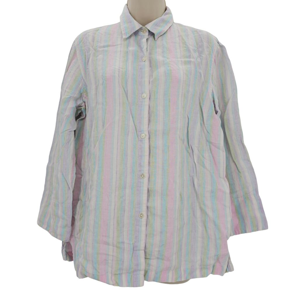 Jones New York Signature Womans size L 100% Linen Pastel Stripe Button Up Blouse